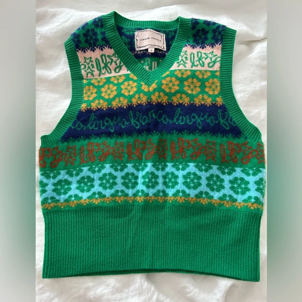 Lingua Franca Colorful Patterned 100% Cashmere Sweater Vest Brand New! No tags - Picture 1 of 7